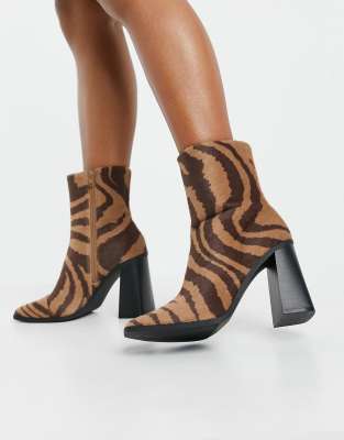 Monki Robbie vegan leather zebra print boots in brown-Black