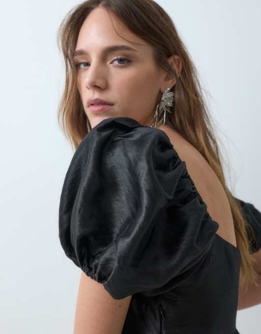 Monki robe babydoll courte à manches bouffantes noire, 3 de 4