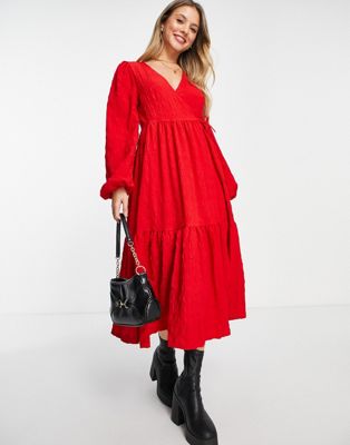Robes mi-longues Monki - Robe cache-cœur mi-longue en polyester recyclé - Rouge vif