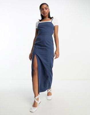 Monki denim midi pinafore dress in mid wash blue - ASOS Price Checker