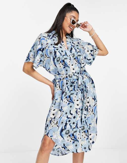 Monki Robe chemise fleurs r tro nou e la taille Bleu ASOS