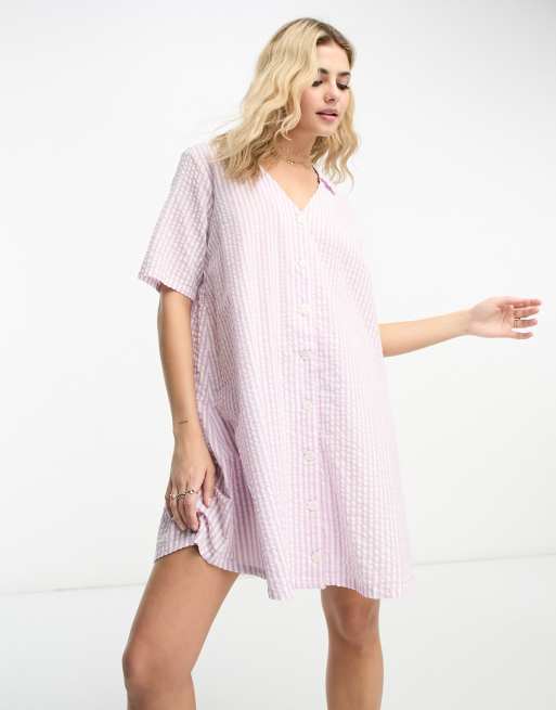 Monki Robe chemise courte en tissu cr pe rayures Lilas ASOS