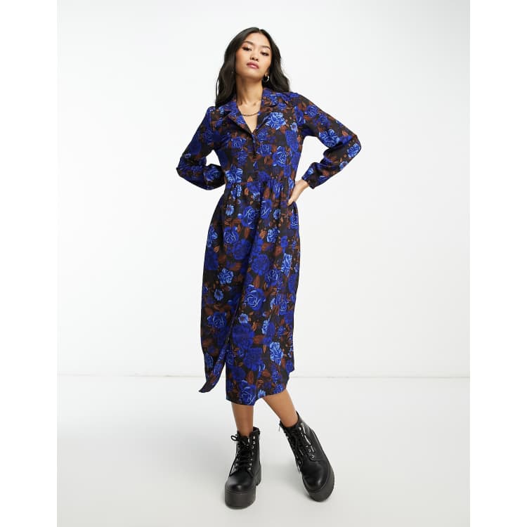 Monki Robe chemise mi longue a fleurs Bleu et marron Cra wallonieShops