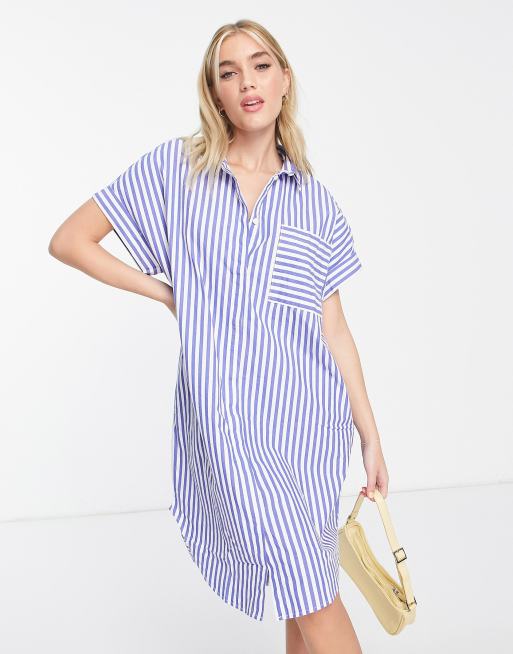 Monki Robe chemise mi longue rayures et manches courtes Bleu