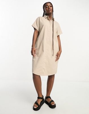 Monki denim mini shirt dress in beige - ASOS Price Checker