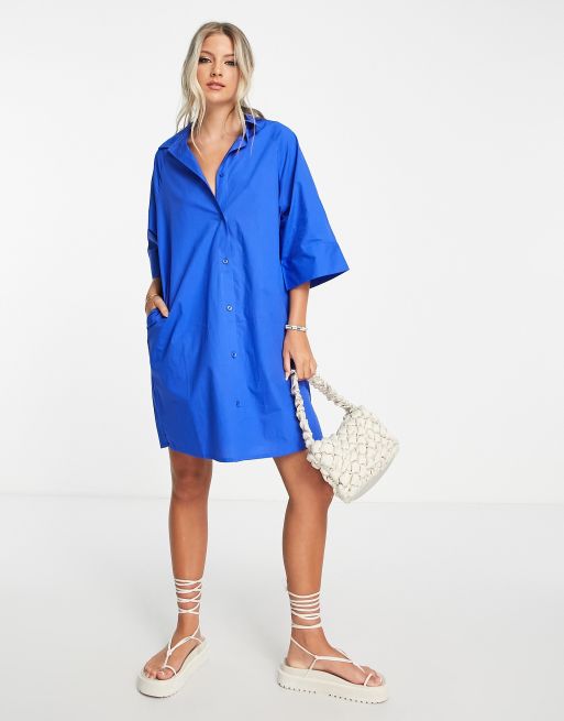 Monki Robe chemise oversize poches en popeline de coton Bleu