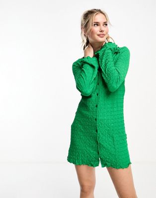 Monki long sleeve collar mini dress with lettuce hem edge in green - ASOS Price Checker