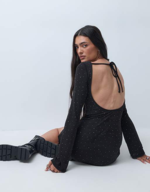Monki robe courte à manches longues, encolure bateau, à clous, noire, 3 de 5