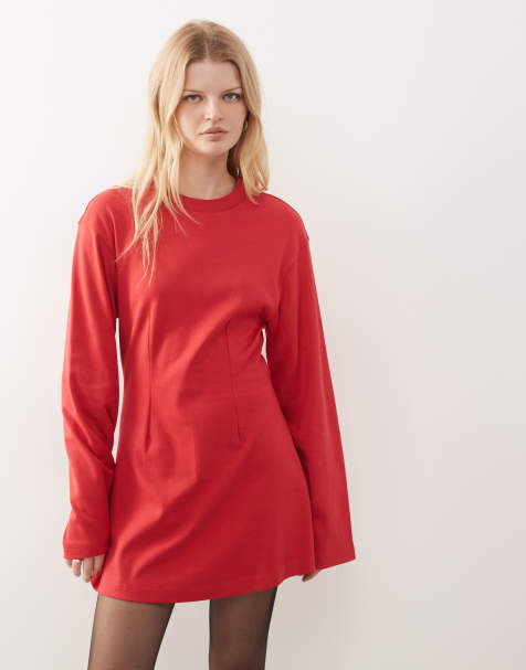 Monki - Robe courte à manches longues et taille cintrée - Rouge - view 1