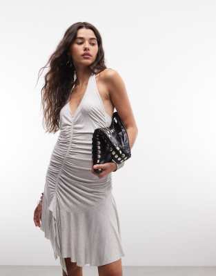 Robe courte asymétrique en jersey doux au toucher style années 90 - Gris XS