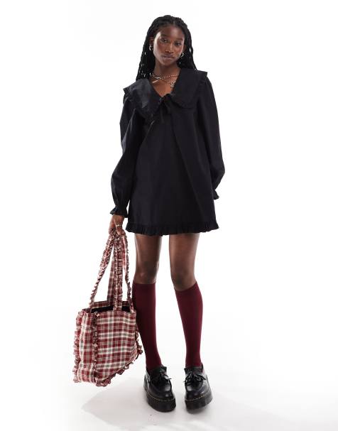 Monki - Robe courte avec liens à l'encolure et ourlet à volants - Noir - view 1