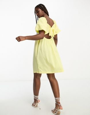 Monki crepe puff sleeve open back mini dress in yellow - ASOS Price Checker