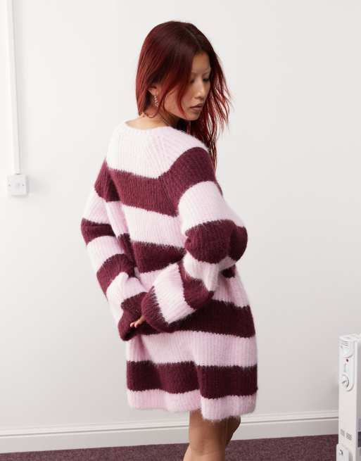 Monki - Robe courte en maille rayée avec col ras de cou et manches longues - Rose/bordeaux, 4 de 4