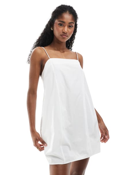 Monki - Robe courte en popeline de coton avec bretelles nouées - Blanc - view 1