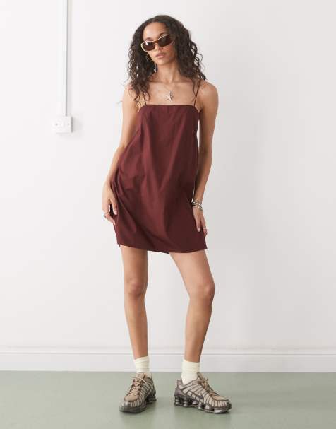 Monki - Robe courte en popeline de coton avec bretelles nouées - Bordeaux - view 1
