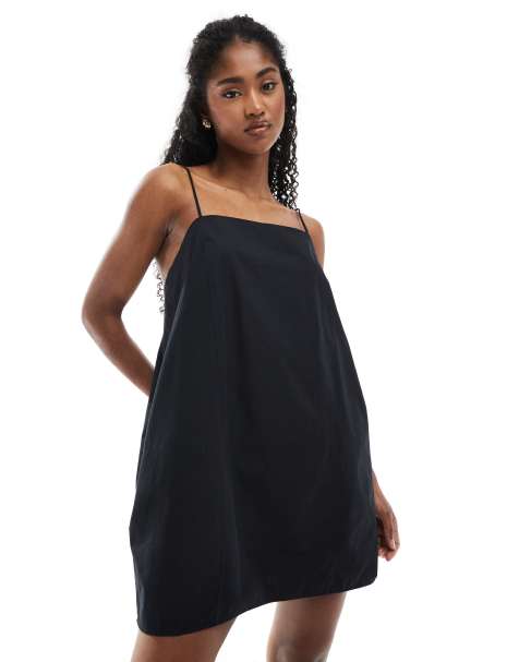 Monki - Robe courte en popeline de coton avec bretelles nouées - Noir - view 1