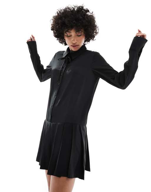 Monki - Robe courte plissée à col et manches longues avec ruban - Noir, 4 de 4