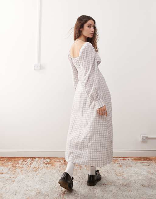 Monki - Robe longue à manches longues avec encolure carrée - Rose à carreaux, 2 de 4