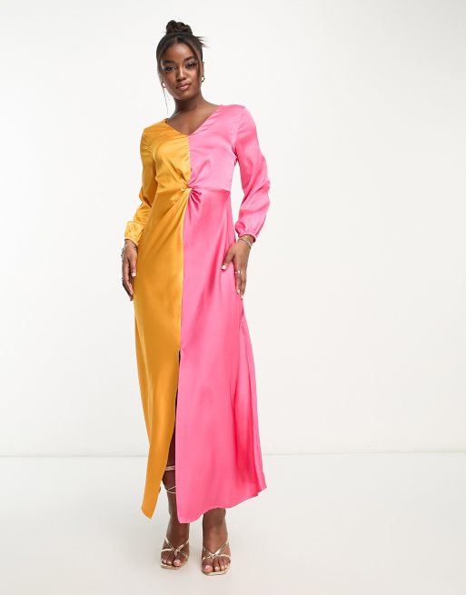 Monki Robe longue color block en satin fronc Multicolore
