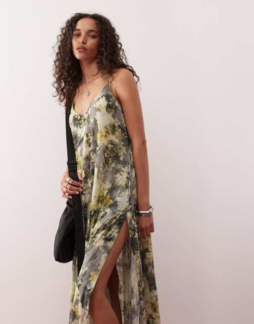 Monki - Robe longue et fluide froissée à fleurs et volants étagés avec dos échancré à liens - Vert et jaune, 2 de 4