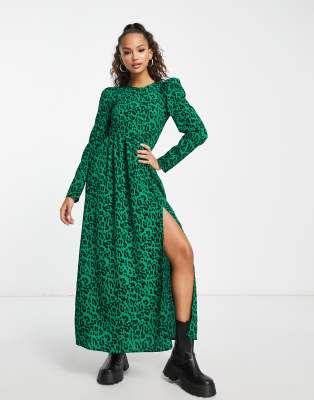 Monki - Robe manches longues fendue à imprimé léopard - Vert | ASOS