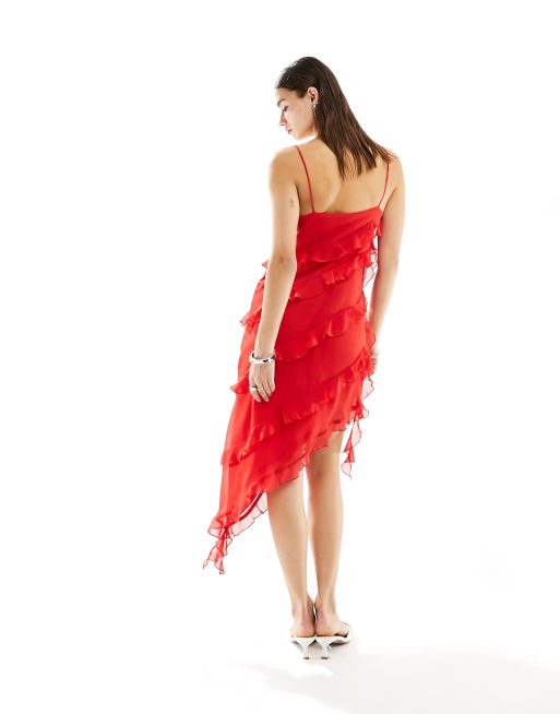 Monki Robe mi-longue asymétrique à volants Rouge ASOS