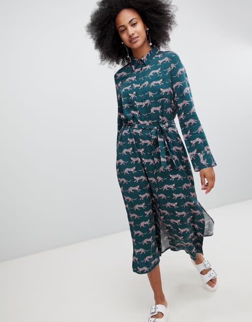 Monki - Robe mi-longue avec liens sur le devant et imprimé tigre