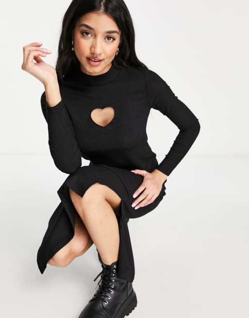 Monki - Robe mi-longue côtelée à découpe et motif cœur - Noir