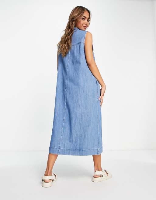 Monki - Robe mi-longue décontractée sans manches en jean à fermeture boutonnée - Bleu moyen délavé, 2 de 4