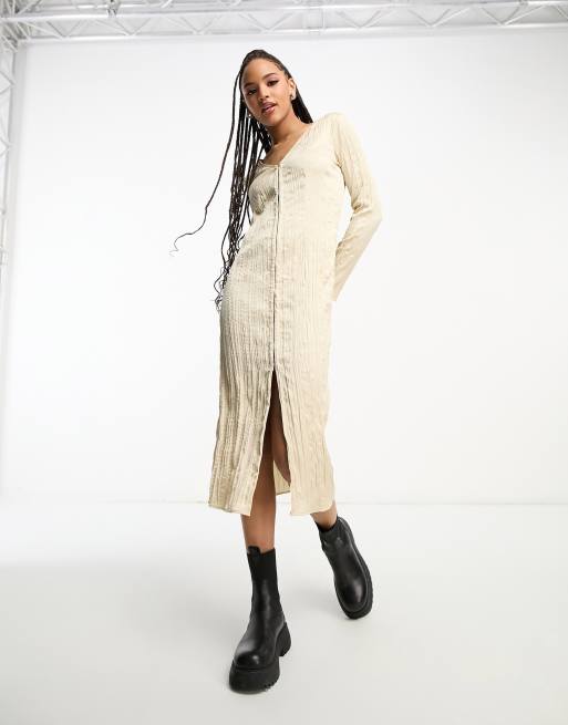 Monki Robe mi longue effet froisse a agrafes Beige ASOS