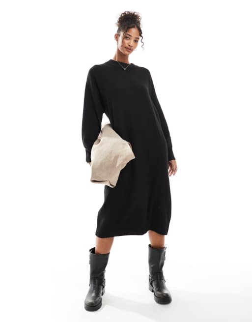 Monki - Robe mi-longue en maille à manches longues - Noir