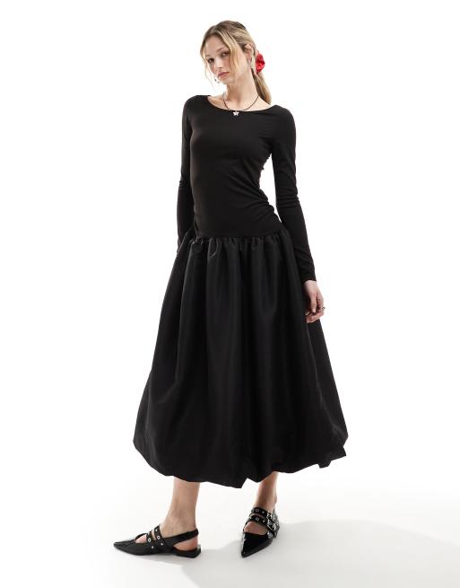 Monki - Robe mi-longue en taffetas à manches longues - Noir