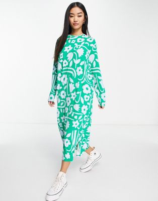 Robes mi-longues Monki - Robe mi-longue en tissu EcoVero - Imprimé à fleurs vert