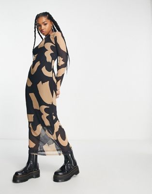 Monki - Robe mi-longue en tulle à imprimé abstrait - Noir et beige | ASOS