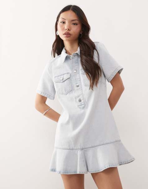 Monki - Robe tunique en denim avec ourlet virevoltant - Bleu clair délavé - view 1