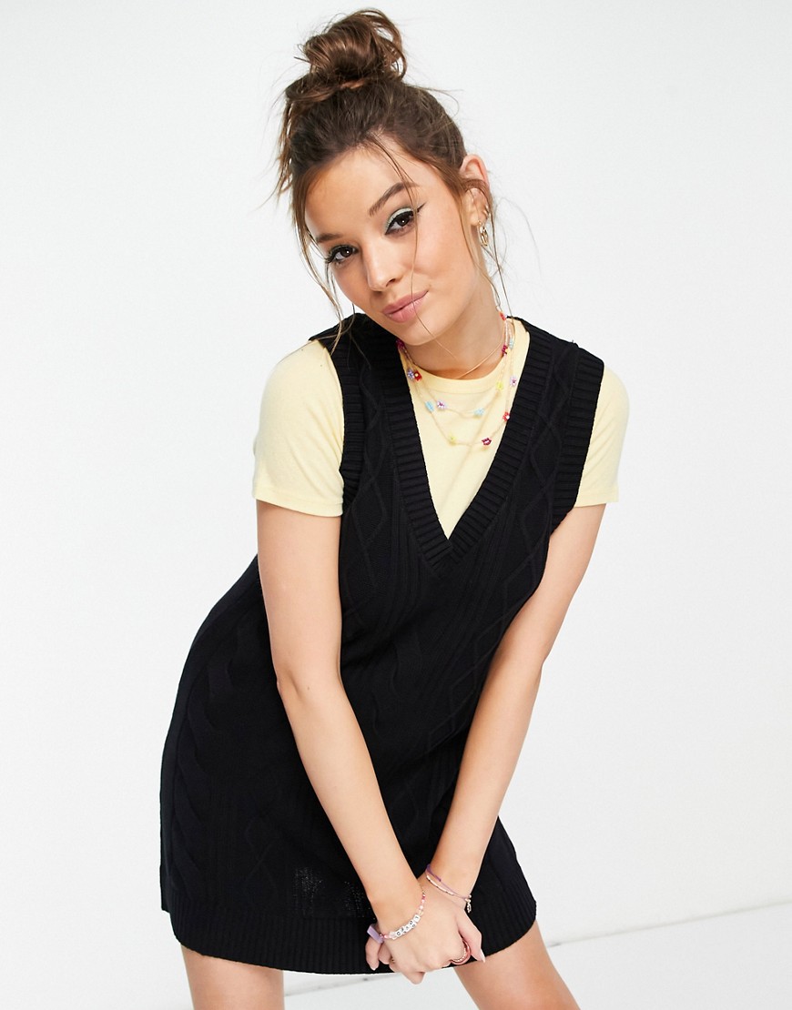 Monki Robin organic cotton knitted v neck sleeveless mini dress in black