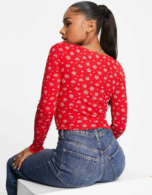 Monki - Röd blommig, långärmad topp med v-ringning, 3 av 4