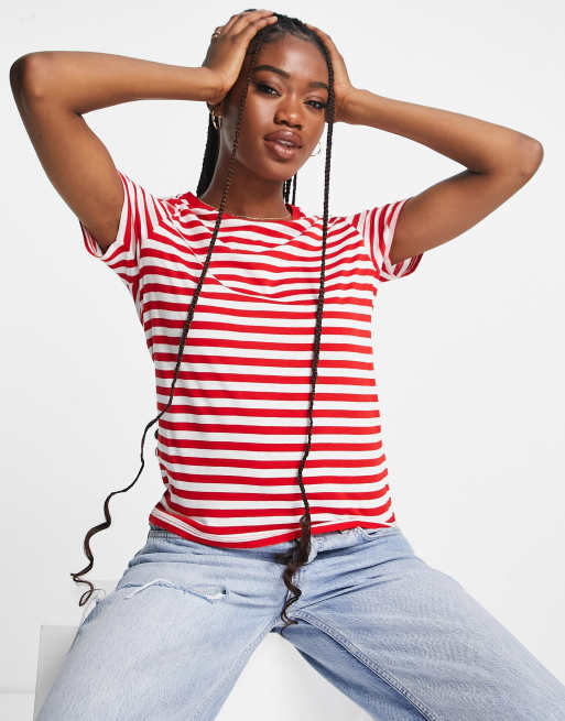Monki – Röd- och rödrandig t-shirt med korta ärmar