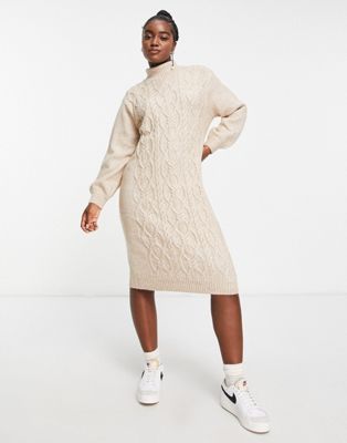Monki roll neck cable knitted mini dress in beige | ASOS
