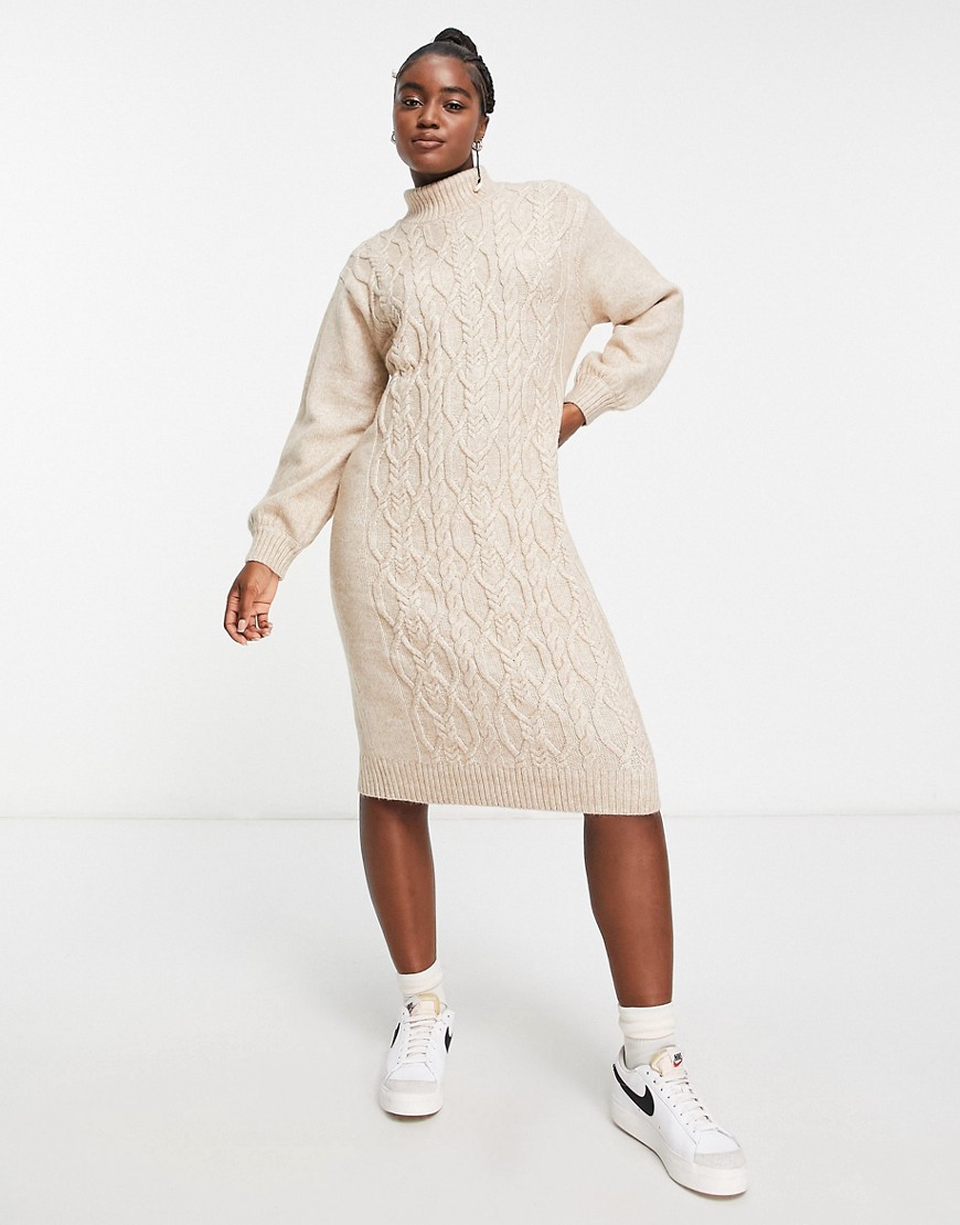 Monki roll neck cable knitted mini dress in beige-Neutral