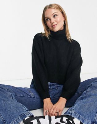 Monki roll neck jumper with balloon sleeves in black knit