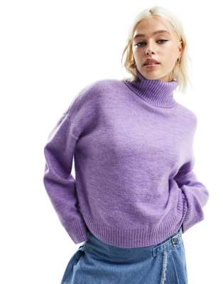 roll neck knit sweater in lilac melange-Purple