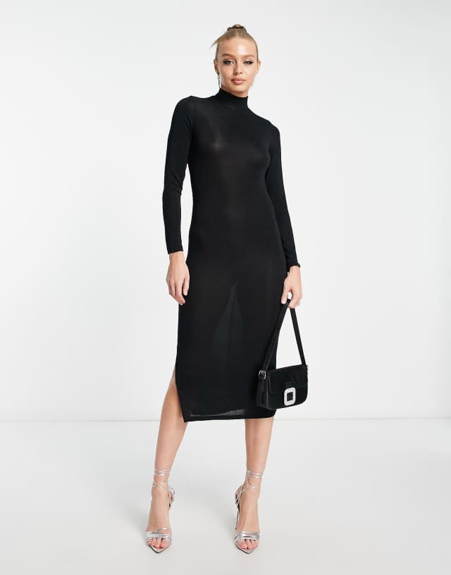 Monki roll neck midi dress in black