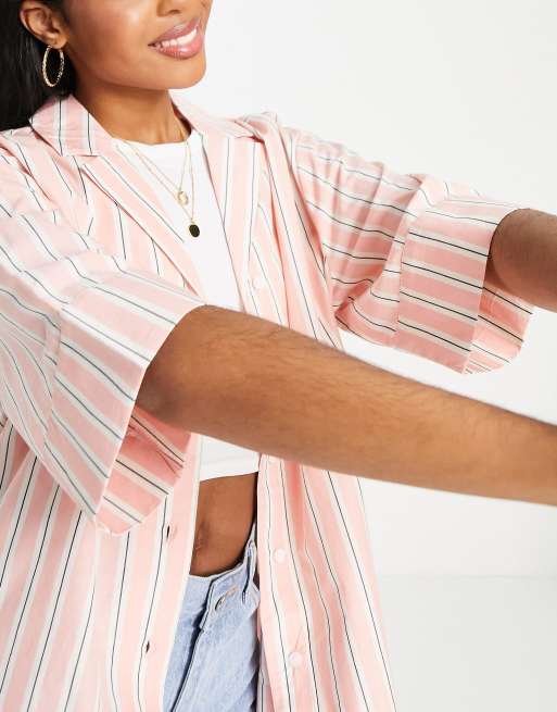 Monki – Rosa randig skjorta med platt krage, del av set, 4 av 4