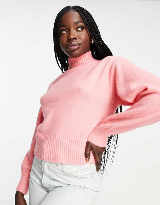 Monki – Rosa stickad tröja med hög ringning - PINK