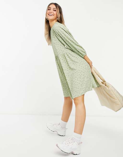 Monki Rosali long-sleeved mini smock dress in green floral