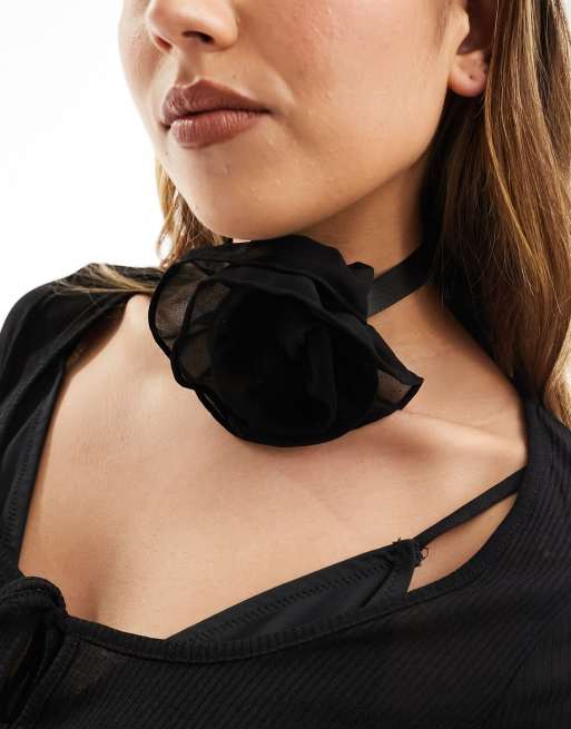 ASOS DESIGN choker necklace with corsage flower and tie detail in black