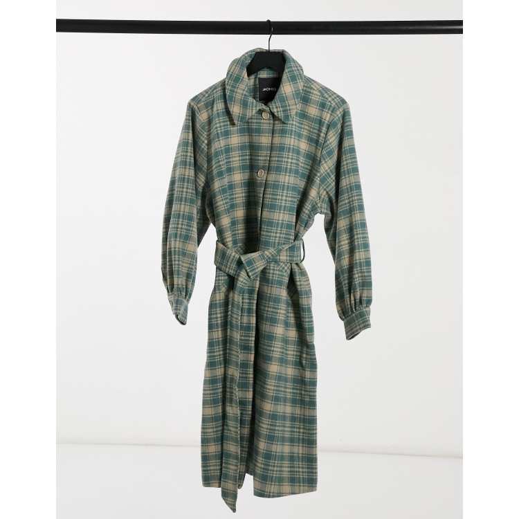Monki Rosie check print coat with belt in green | ASOS