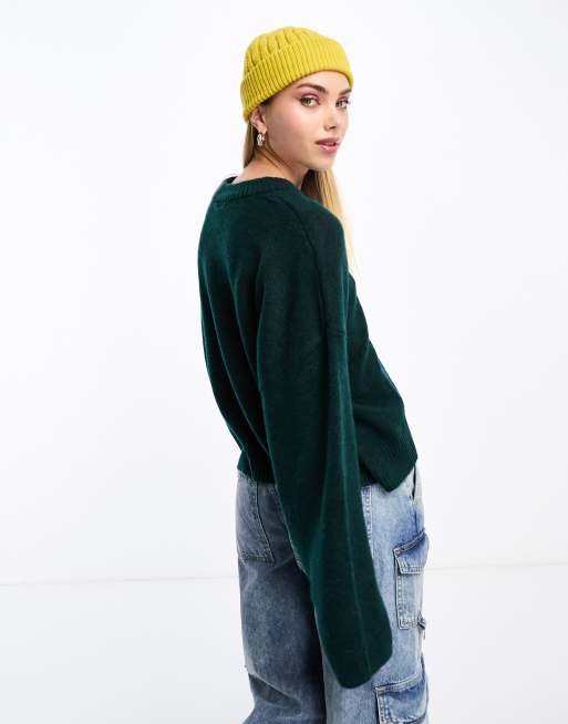 Monki round neck relaxed knitted sweater in dark green melange