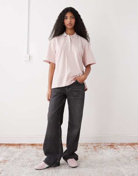 Monki – Różowa koszulka polo oversize w stylu rugby w paski - view 1